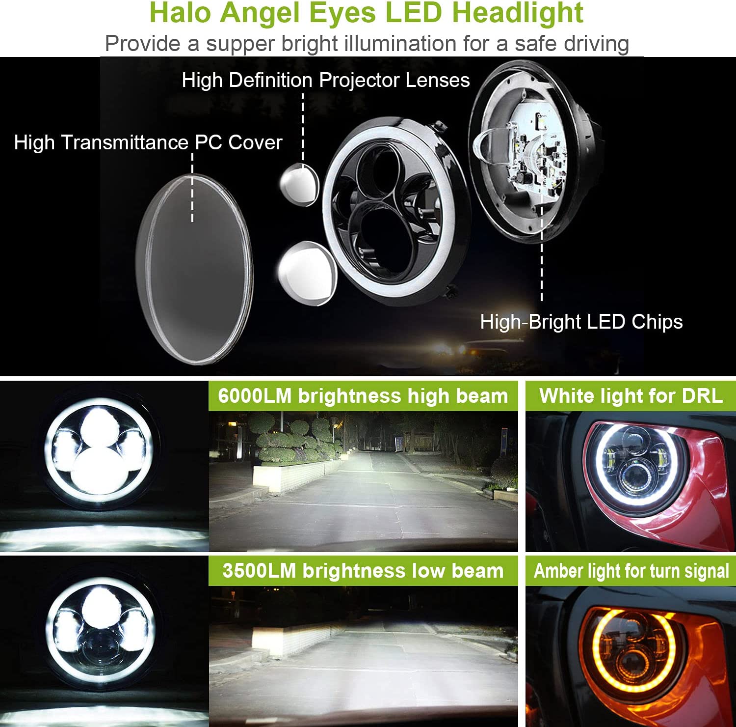 Moclever 7" Round Halo LED Headlights 6000LM for Jeep TJ/JK/CJ