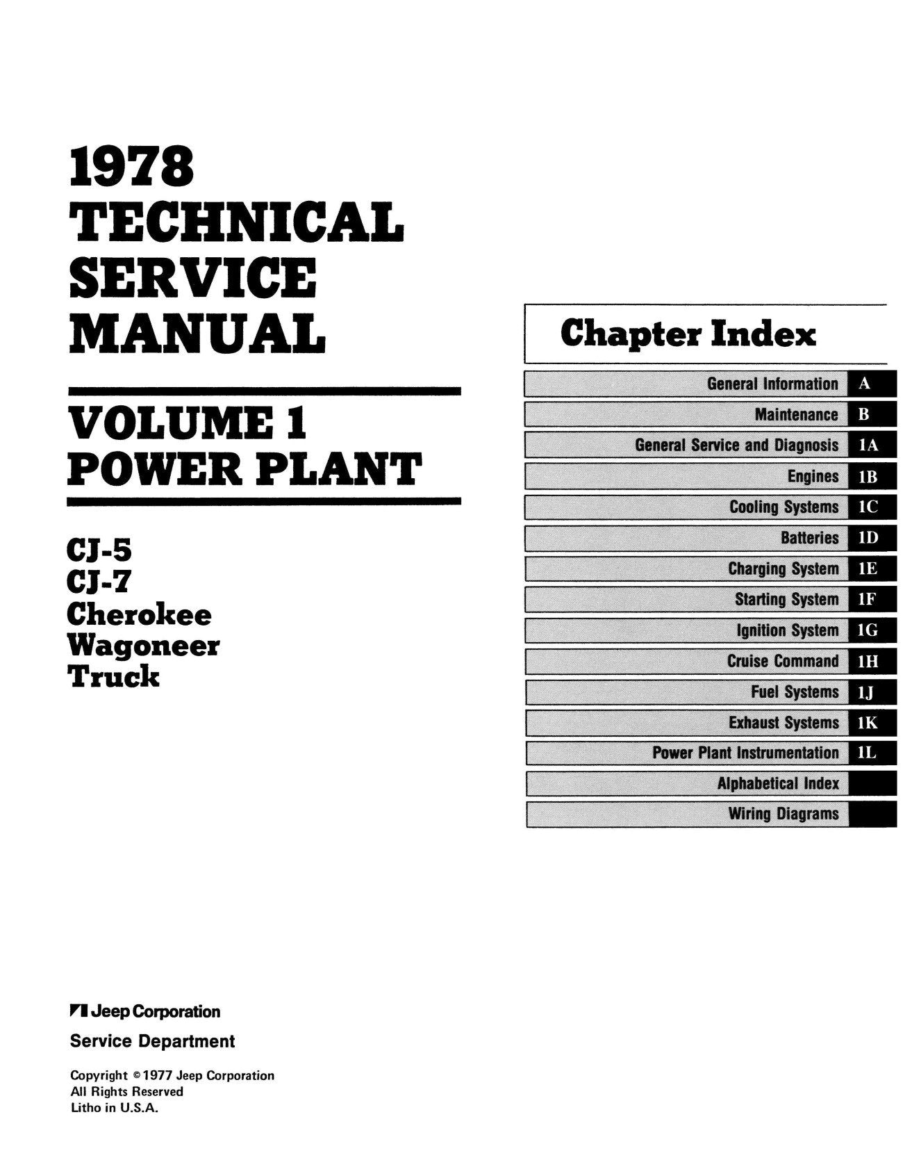 Detroit Iron - 1978 Jeep Technical Service Manual (3 Volumes) - Includes 11x26 Wiring Diagrams