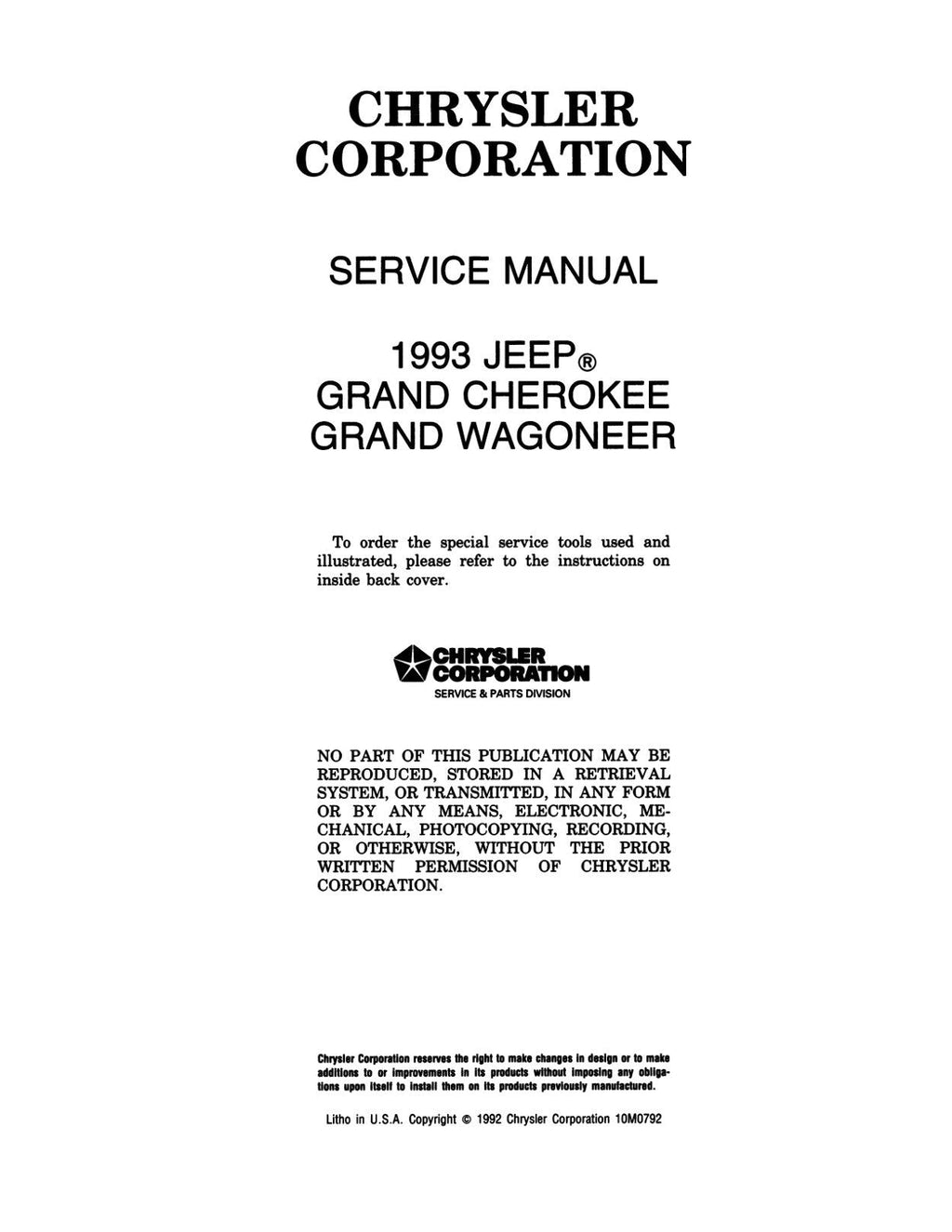 Detroit Iron - 1993 Jeep Grand Cherokee, Grand Wagoneer Shop Manual