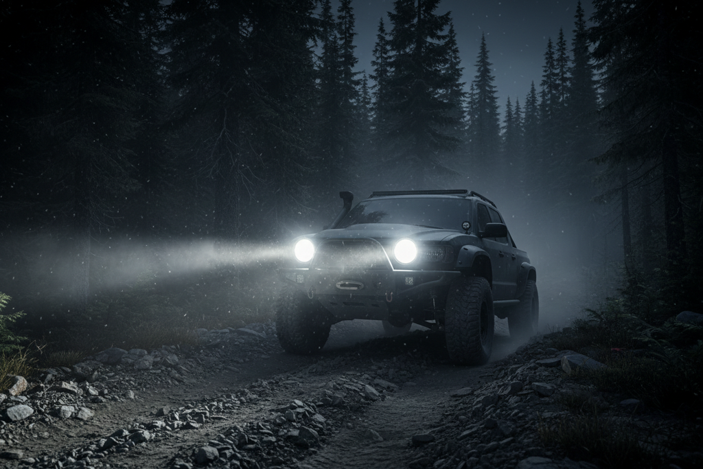 7" DayMaker LED offroad light bundle mounted on 4x4 truck on dark mountain trail