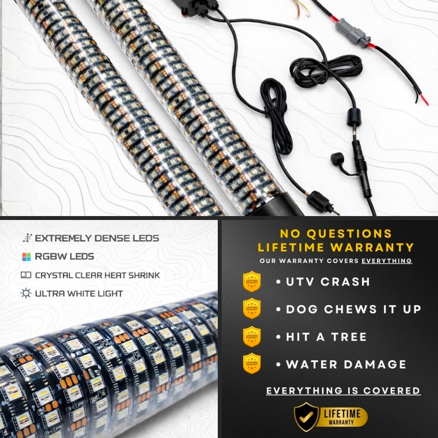Pro Series LED Light Whips | Bluetooth & Remote | No Questions Asked Lifetime Warranty | 2ft Fatty, 3ft & 4ft | Pair